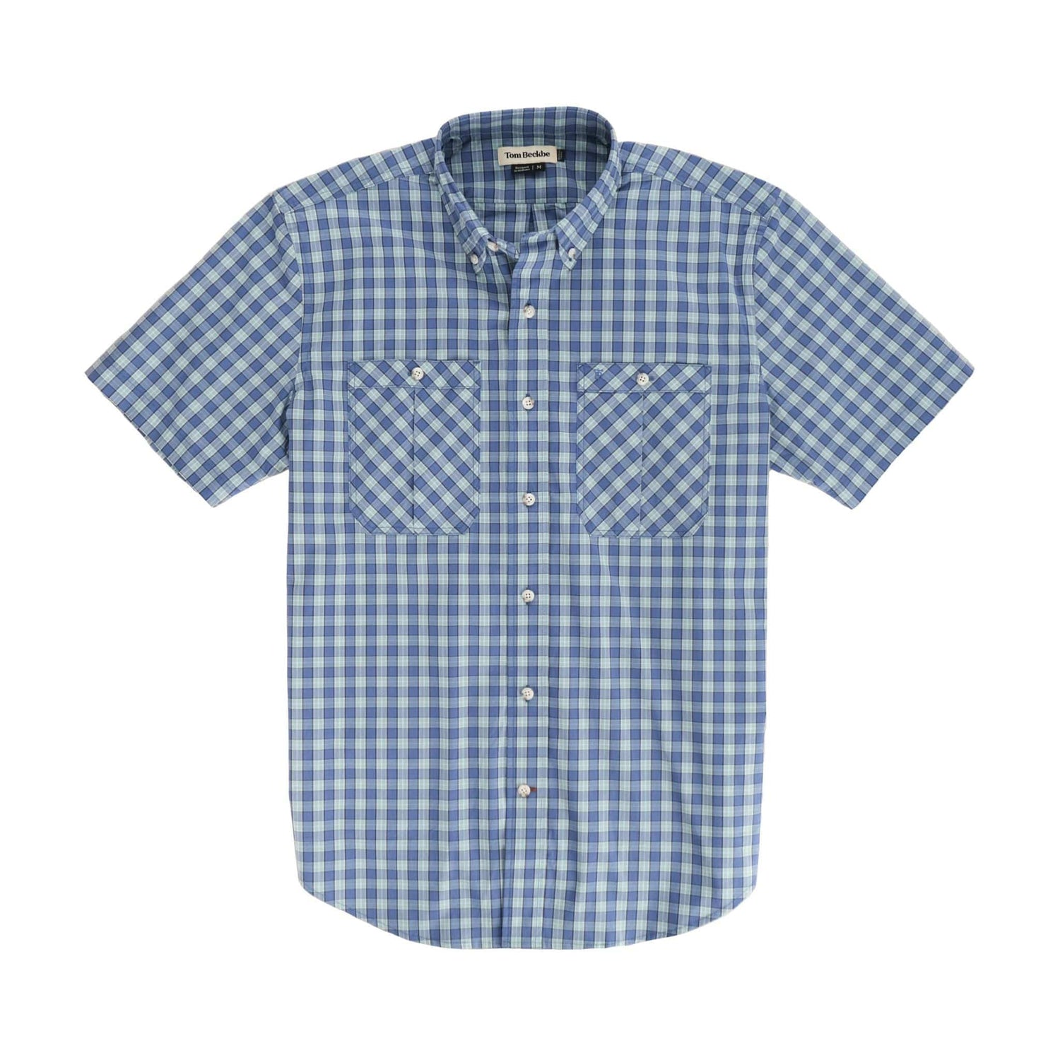 Tom Beckbes short-sleeve Tidewater Shirt: blue and white checkered, UPF 30+, two chest pockets.