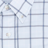 Tom Beckbe Tidewater Shirt: light blue/white plaid, long sleeve, UPF 30+, white buttons, pointed collar shown close-up.