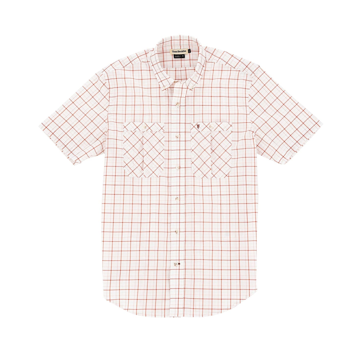 Tom Beckbes Tidewater Shirt: Red-orange plaid short-sleeve with two pockets, rounded hem, and UPF 30+ coverage.