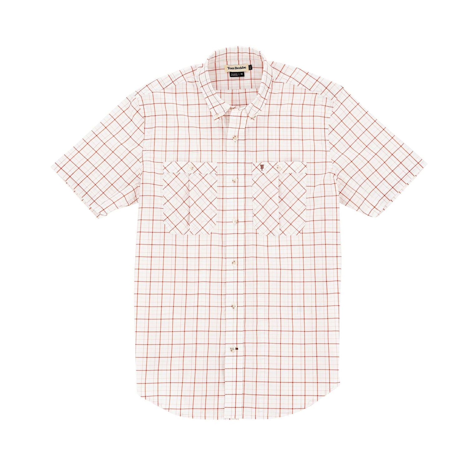 Tom Beckbes Tidewater Shirt: Red-orange plaid short-sleeve with two pockets, rounded hem, and UPF 30+ coverage.