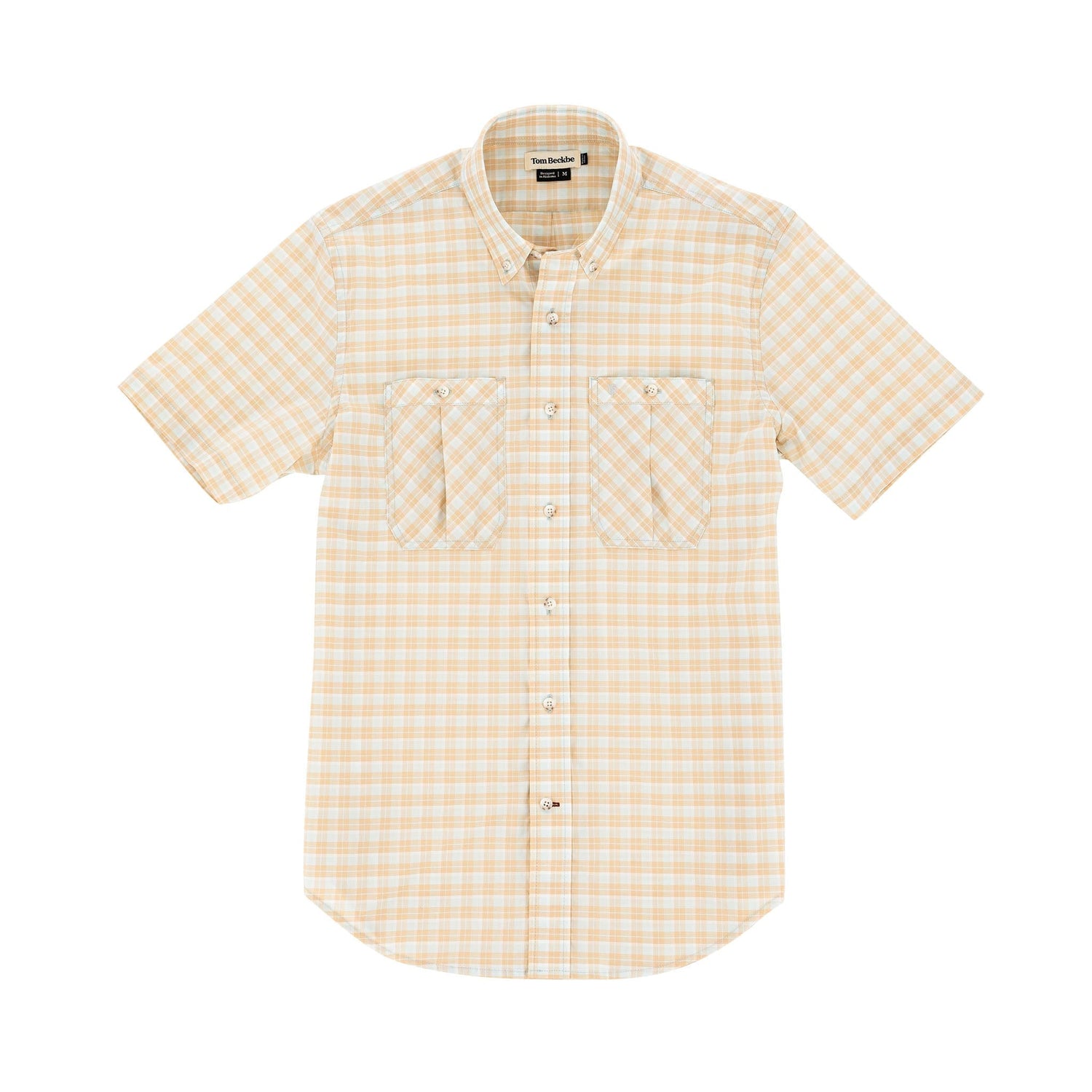 Tom Beckbes Tidewater Shirt features short sleeves, beige/white plaid, button-up front, dual chest pockets, and UPF 30+ coverage.