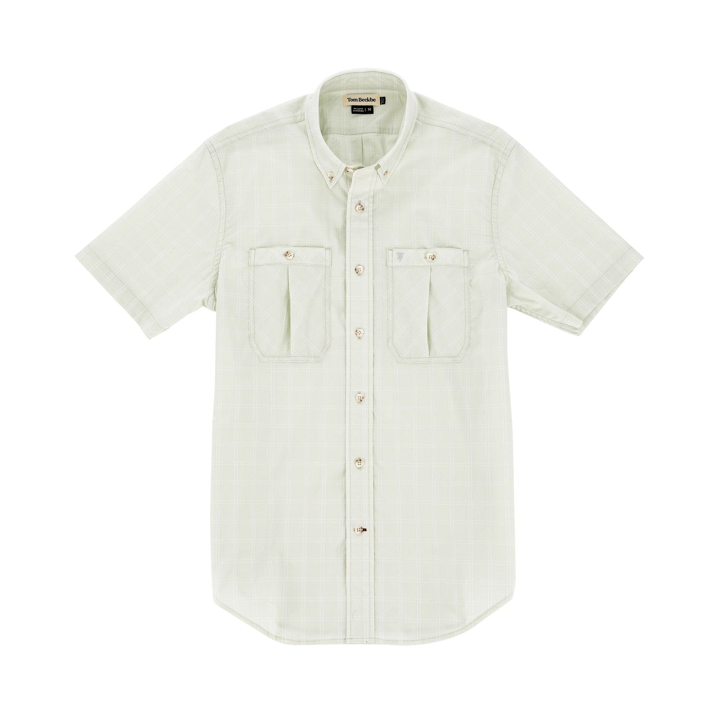 Tom Beckbes Tidewater Shirt features a light green, checkered pattern, UPF 30+, and two chest pockets on display.