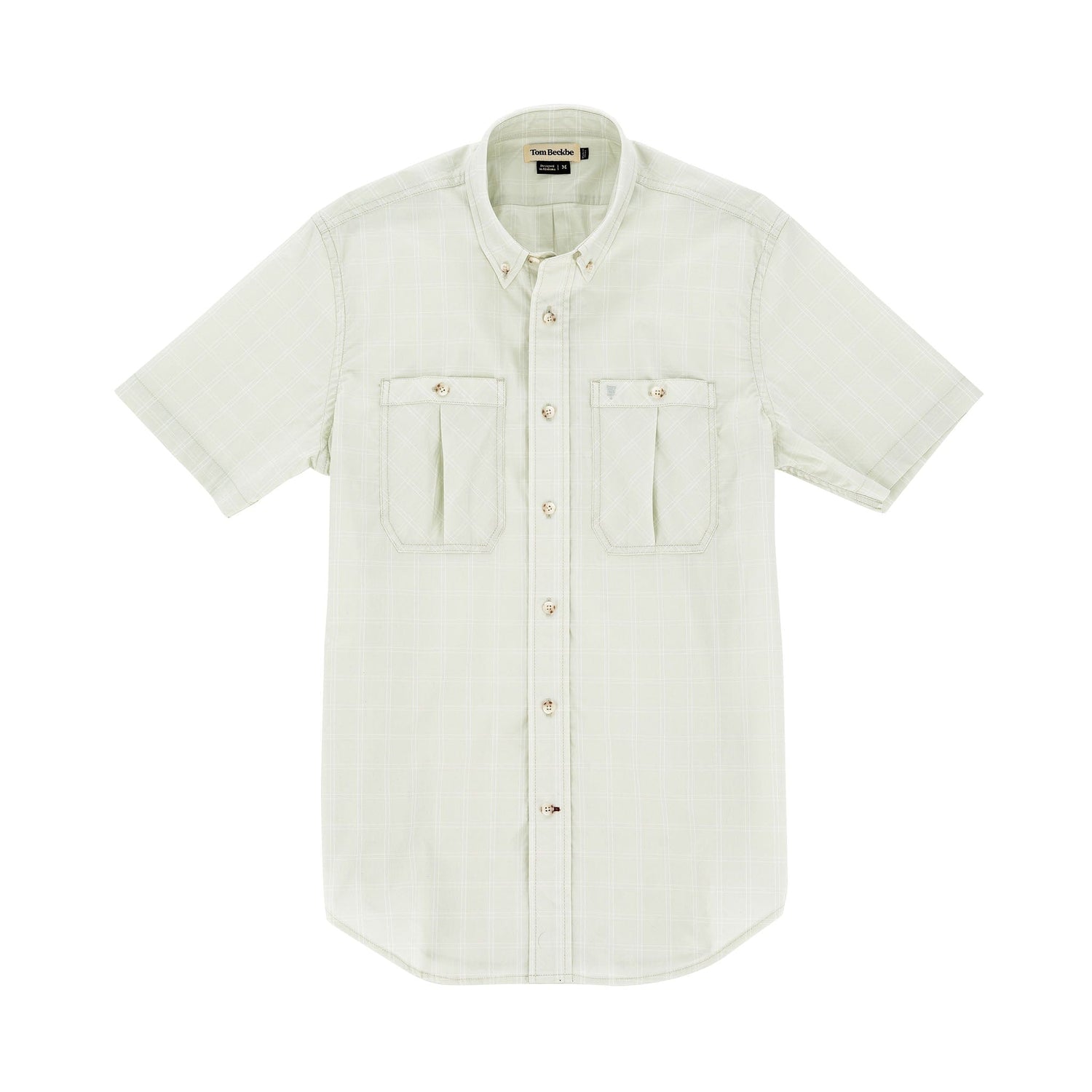 Tom Beckbes Tidewater Shirt features a light green, checkered pattern, UPF 30+, and two chest pockets on display.