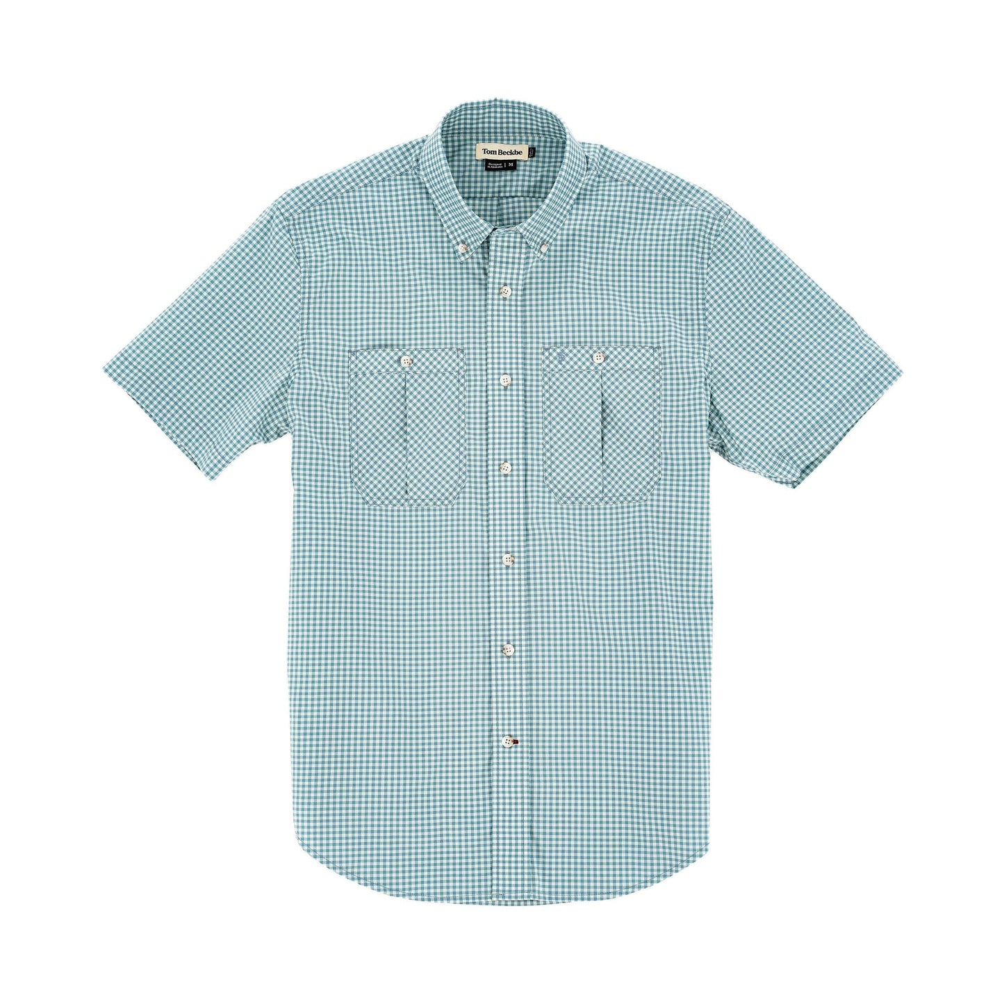 Light blue Tidewater Shirt by Tom Beckbe: short sleeves, UPF 30+, two chest pockets, gingham pattern on white background.