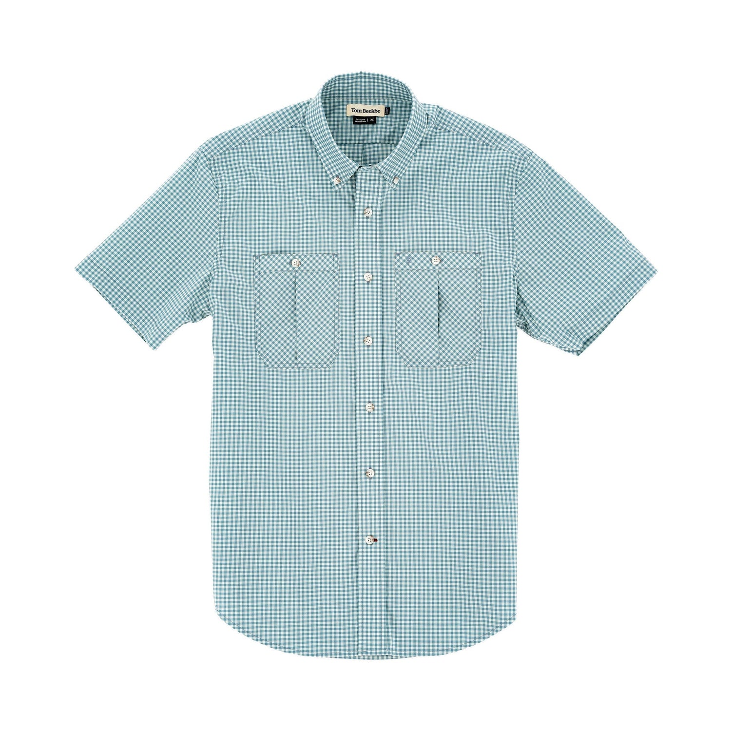 Light blue Tidewater Shirt by Tom Beckbe: short sleeves, UPF 30+, two chest pockets, gingham pattern on white background.