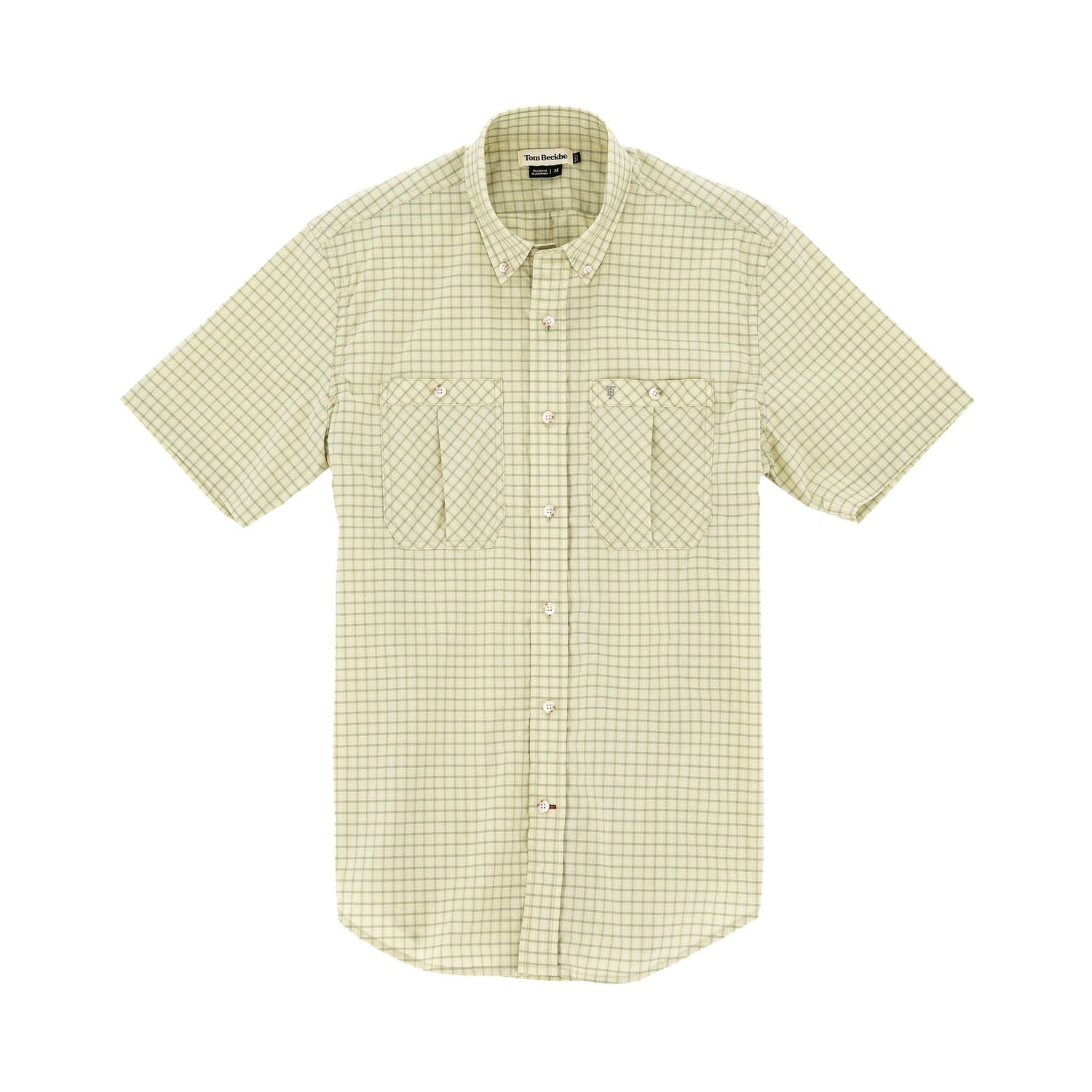 Light green Tidewater Shirt by Tom Beckbe: short-sleeve, plaid, button-down, UPF 30+, two chest pockets.