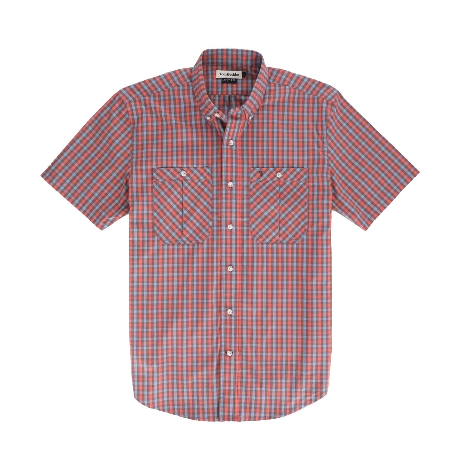 The Tom Beckbe Tidewater Shirt is a short-sleeve red-blue plaid with collar, pockets, and UPF 30+ coverage.