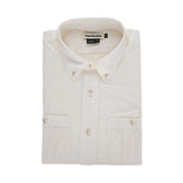 Tidewater Shirt by Tom Beckbe: Beige, short sleeves, folded with a buttoned collar and front pockets.
