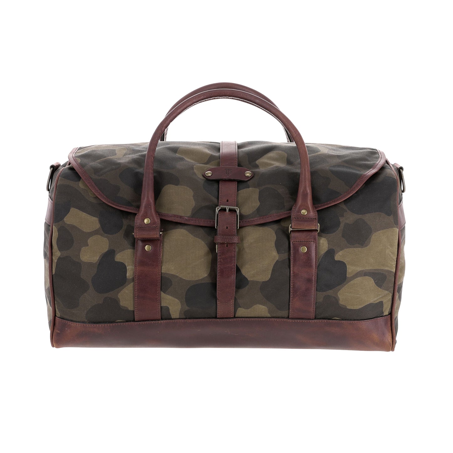 Tom Beckbe Classic Camo Weekender Duffel Bag with brown leather handles, trim, and straps on a white background.
