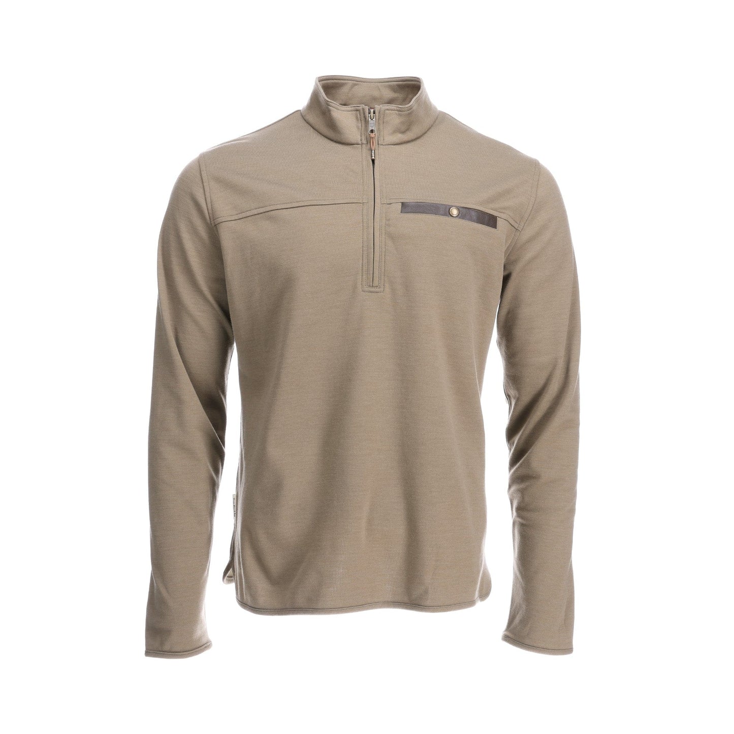 Light brown Tom Beckbe Tucker Fleece Quarter Zip with chest pocket and button, shown on a white background.