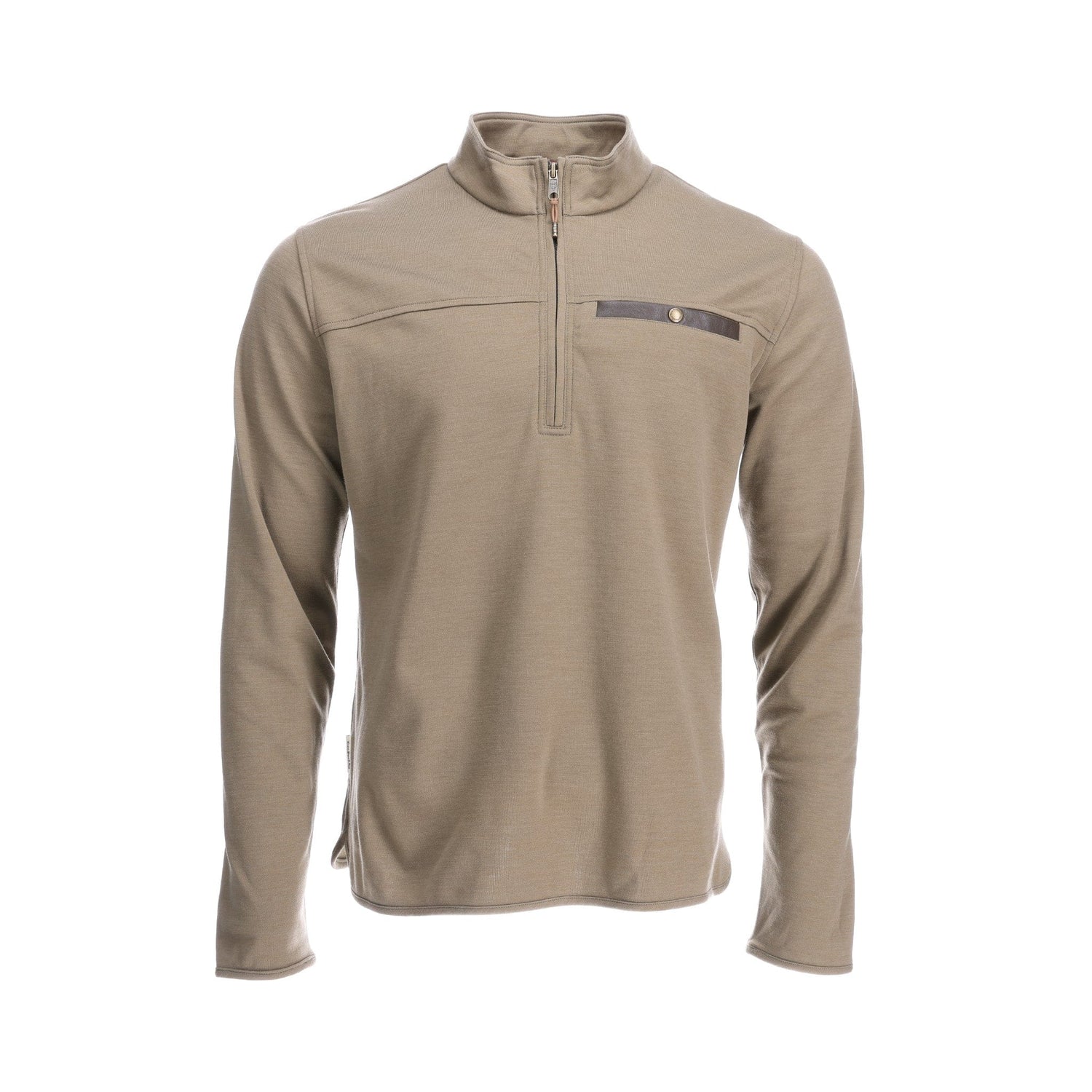 Light brown Tom Beckbe Tucker Fleece Quarter Zip with chest pocket and button, shown on a white background.