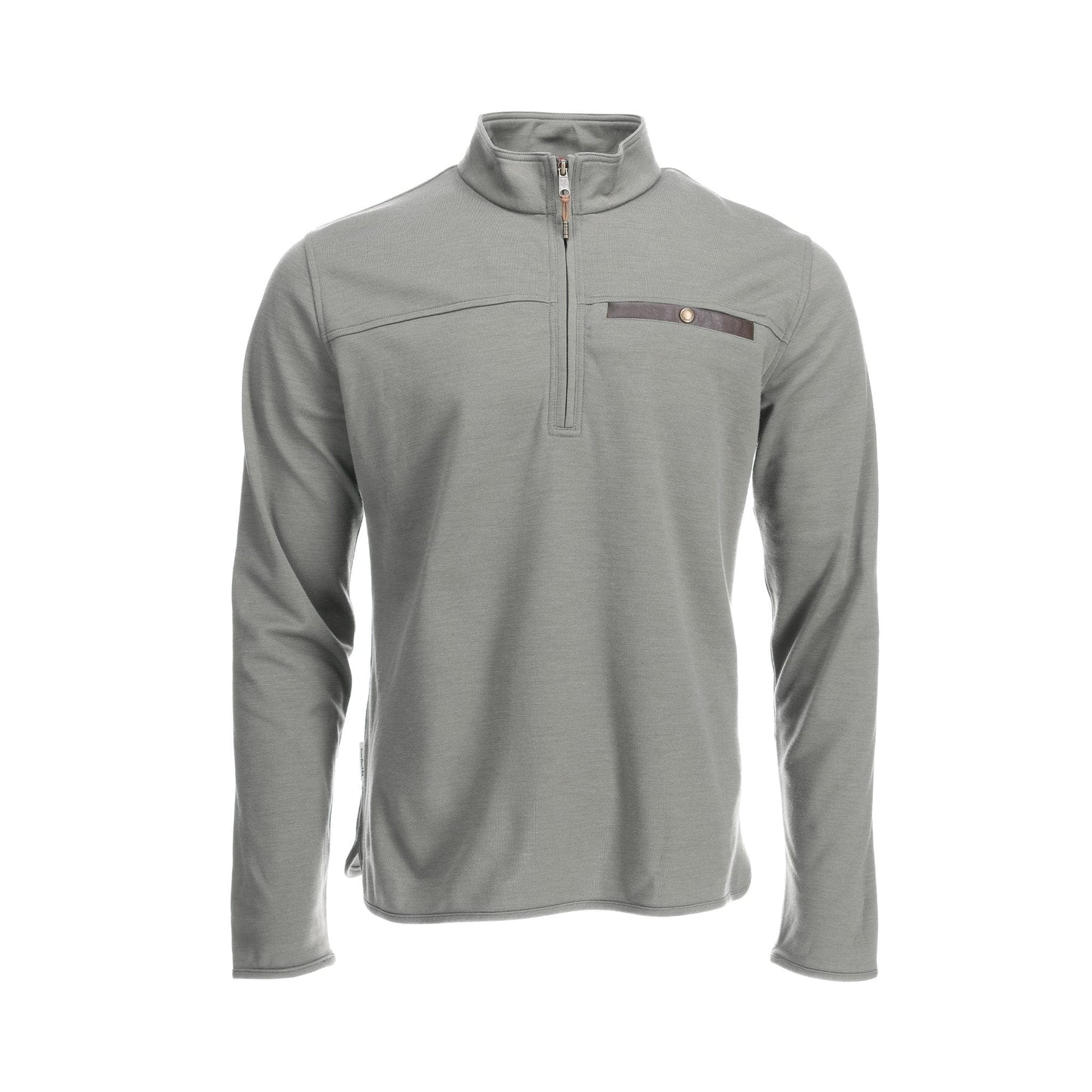 Tom Beckbes Tucker Fleece Quarter Zip for men, in gray with a chest pocket and thermal insulation, on a white background.