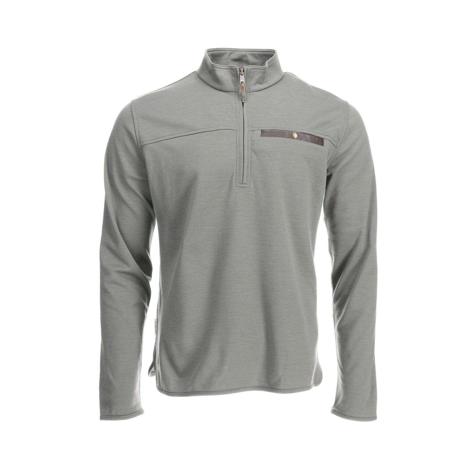 Tom Beckbes Tucker Fleece Quarter Zip for men, in gray with a chest pocket and thermal insulation, on a white background.