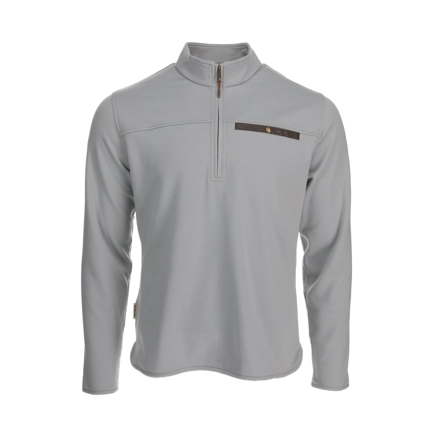 Light gray Tom Beckbe Tucker Fleece Quarter Zip pullover with high collar, front zipper, and black zip chest pocket.