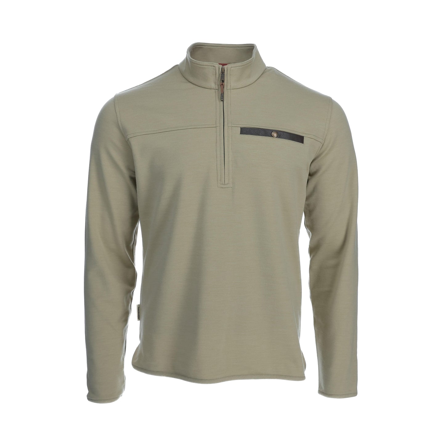 The Tom Beckbe Tucker Fleece Quarter Zip is an olive-green pullover with thermal insulation and a black stripe buttoned chest detail.
