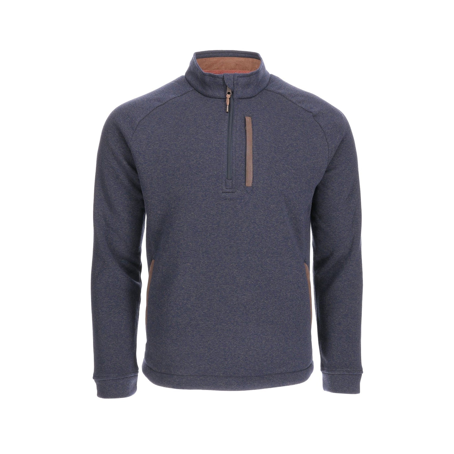 The Tom Beckbe Warren Fleece Quarter Zip features blue synthetic knit fabric with a brown chest zipper detail.