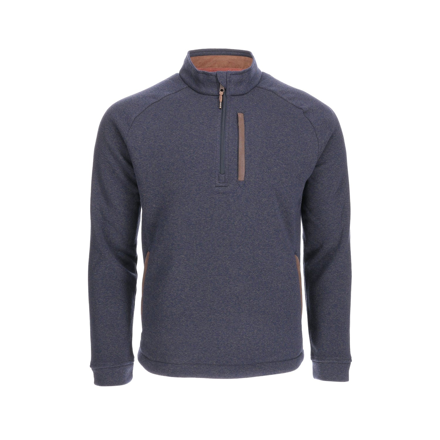 The Tom Beckbe Warren Fleece Quarter Zip features blue synthetic knit fabric with a brown chest zipper detail.