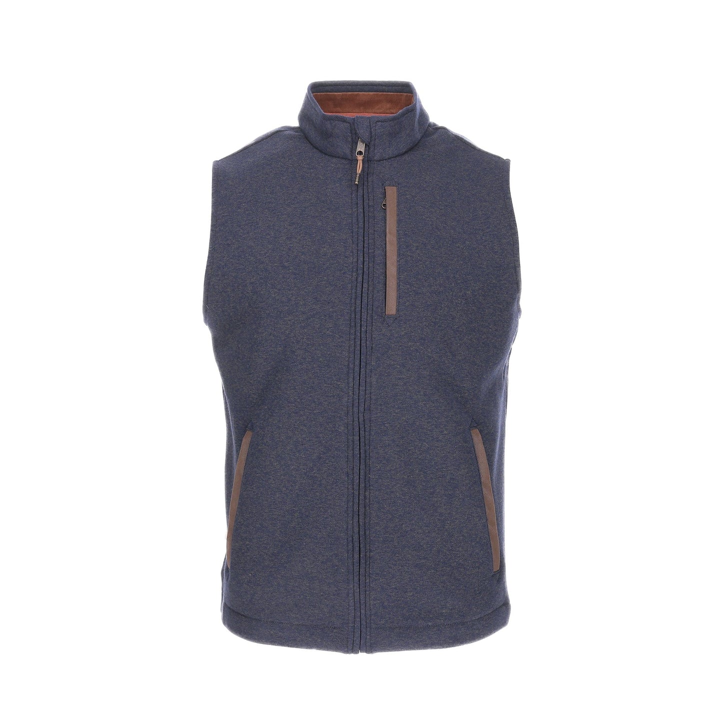 The Warren Fleece Vest by Tom Beckbe is blue with thermal insulation, a front zipper, and side pockets on a white backdrop.