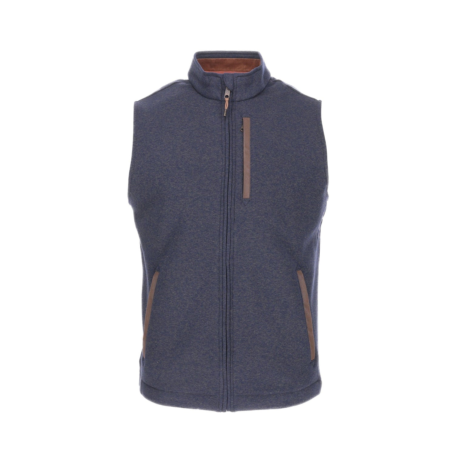 The Warren Fleece Vest by Tom Beckbe is blue with thermal insulation, a front zipper, and side pockets on a white backdrop.