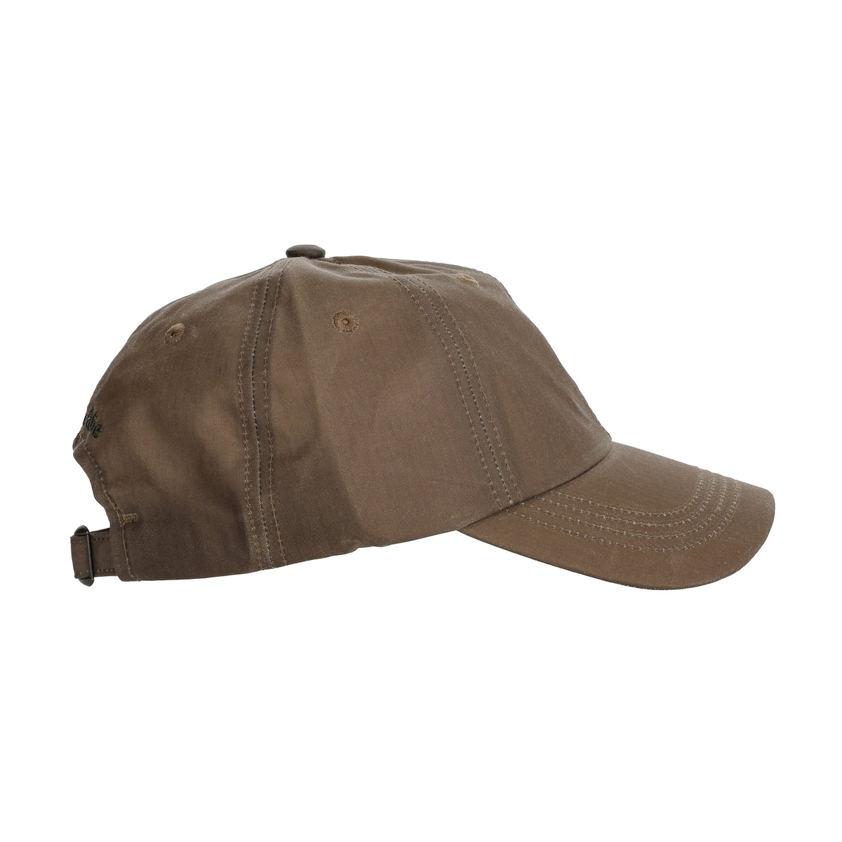 Tom Beckbe Waxed Cotton 6-Panel Hat—Cattle Brand, side view with stitching, leather strap, and curved brim.