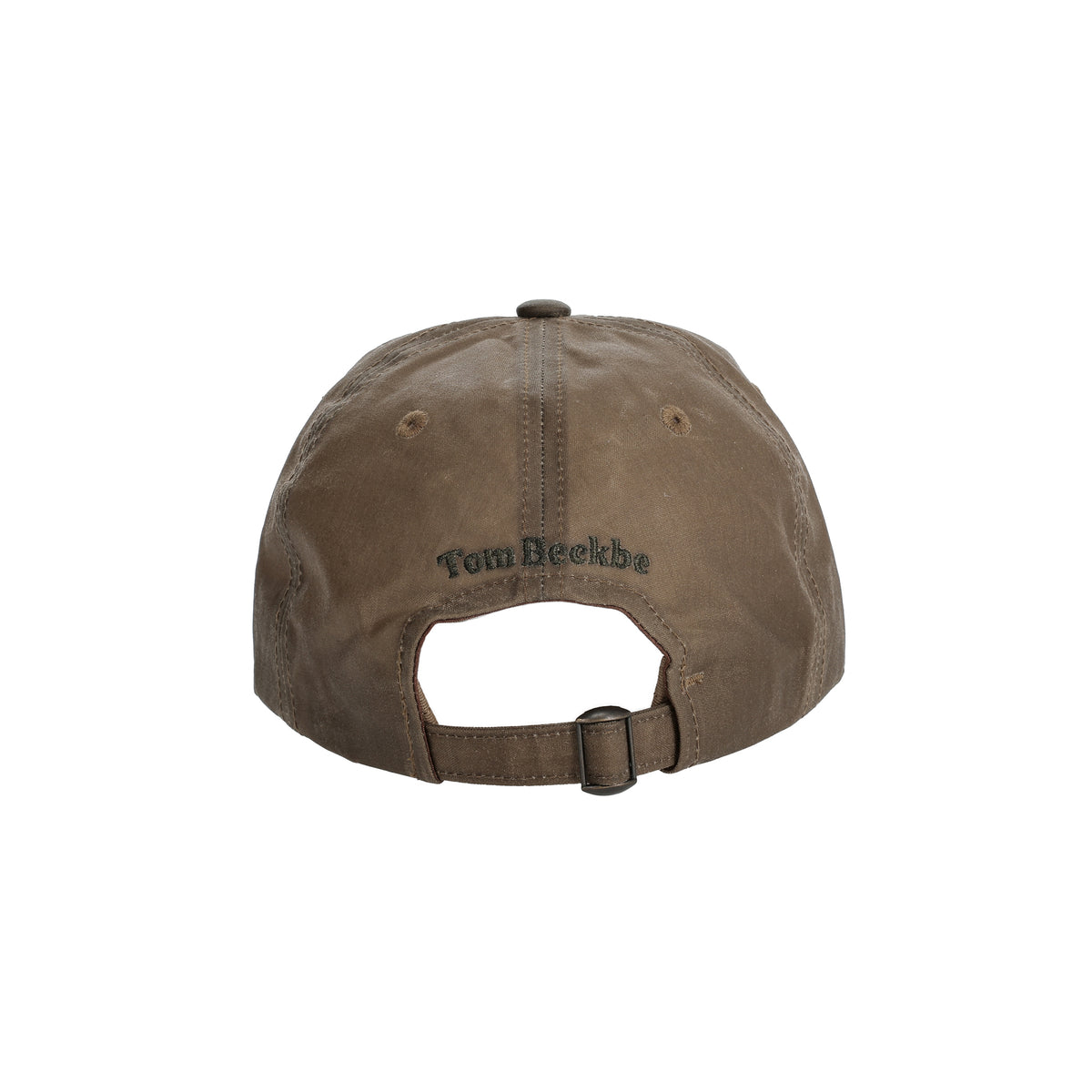 Tom Beckbe Waxed Cotton 6-Panel Hat - Cattle Brand, shown from back with leather strap and embroidery above opening.