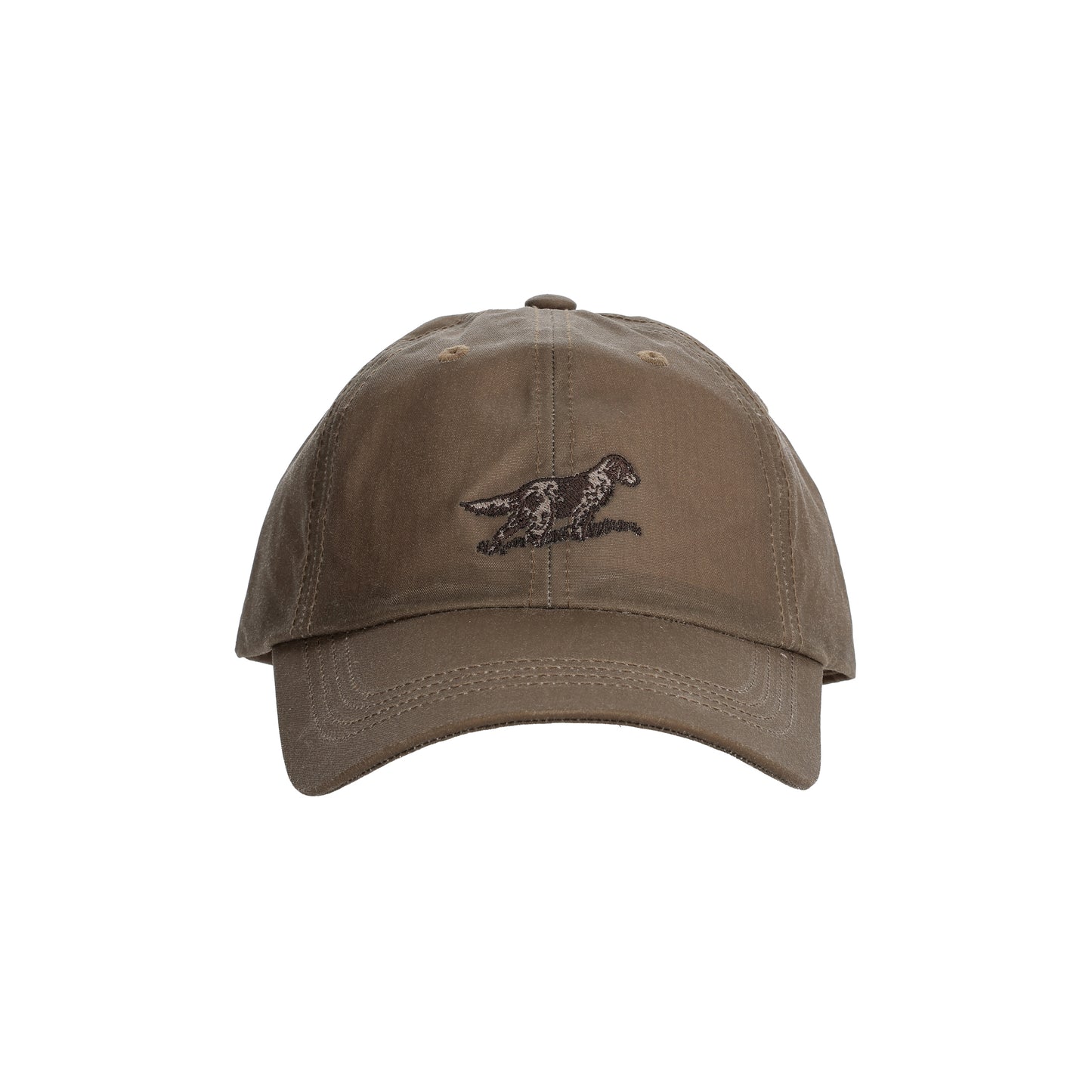 Tom Beckbe Waxed Cotton 6-Panel Hat - English Setter: brown, dog embroidery, full-grain leather back strap.