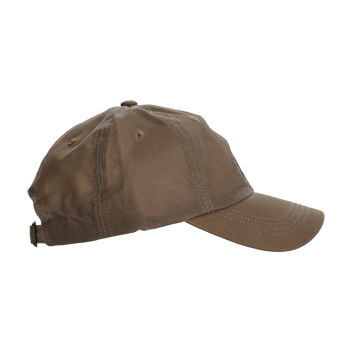 Tom Beckbe Waxed Cotton 6-Panel Hat - English Setter, side view, leather strap, visible stitching on white.