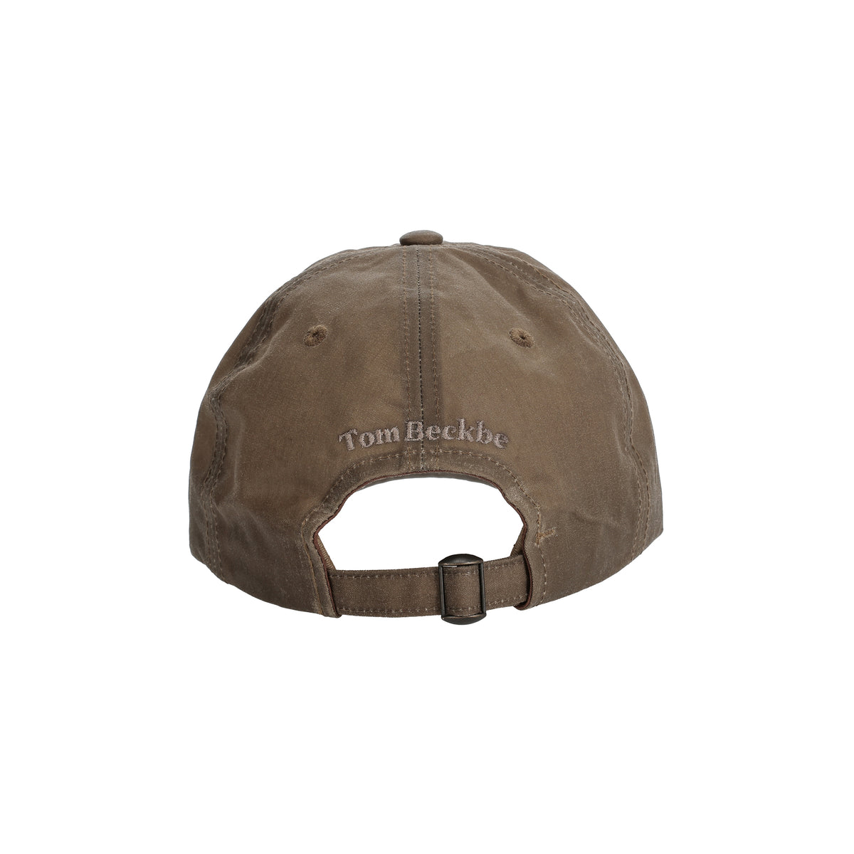 Tom Beckbe Waxed Cotton 6-Panel Hat - English Setter, shown from the back with logo and leather adjustable strap.