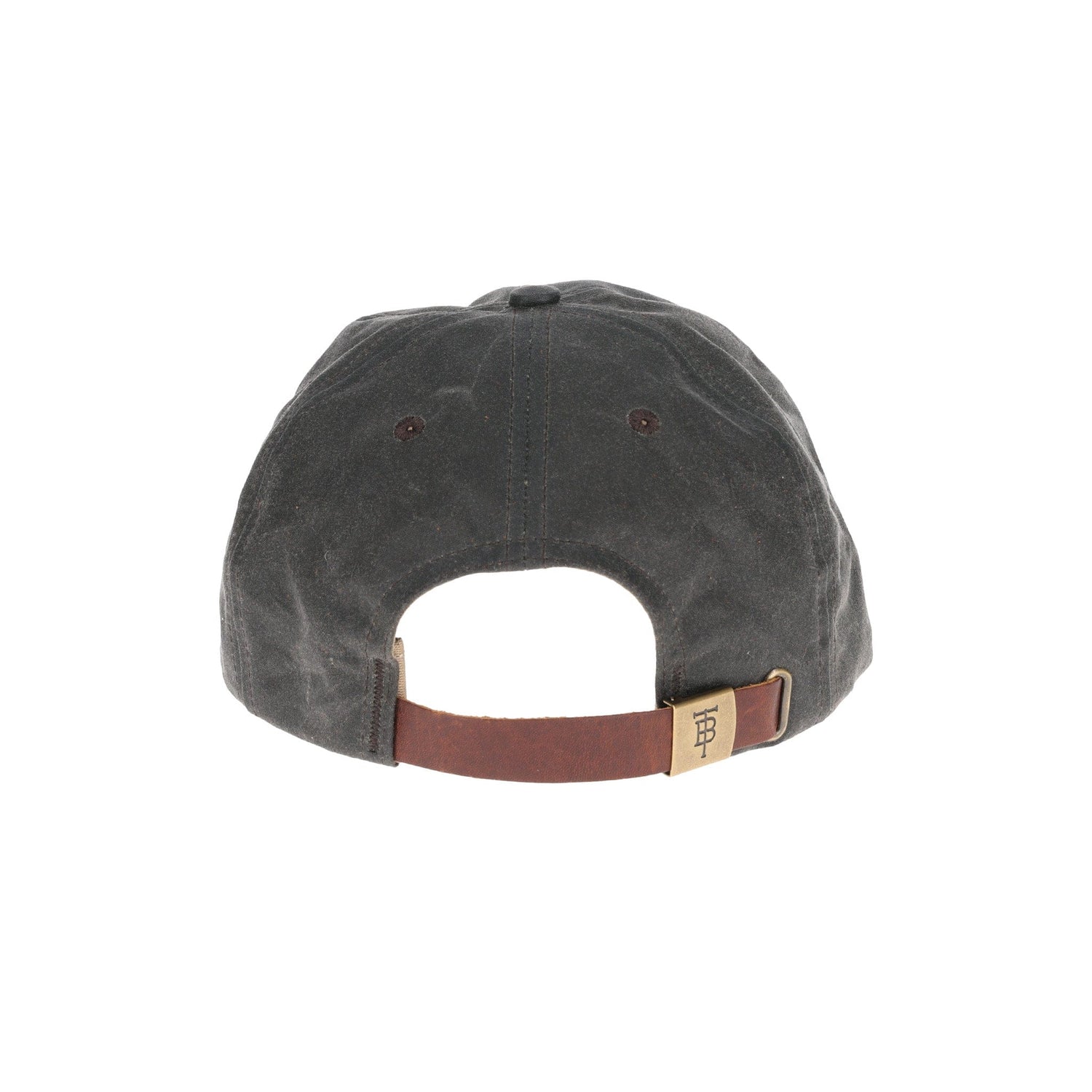 Rear view of Tom Beckbes dark green Waxed Cotton 6-Panel Baseball Hat with leather strap and metal clasp for adjustment.