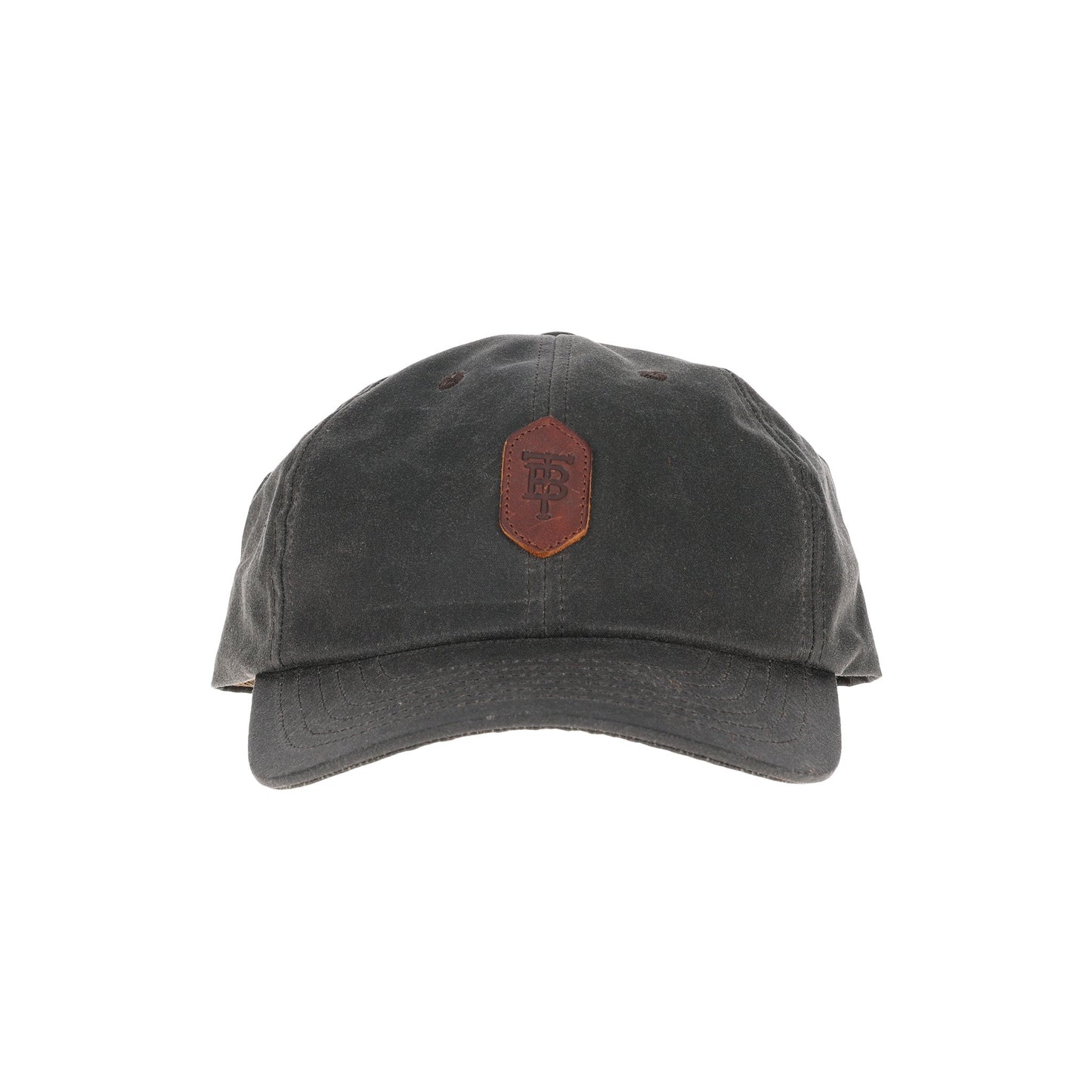 The Tom Beckbe Waxed Cotton 6-Panel Hat is dark green with a brown leather patch featuring a stylized BP logo.