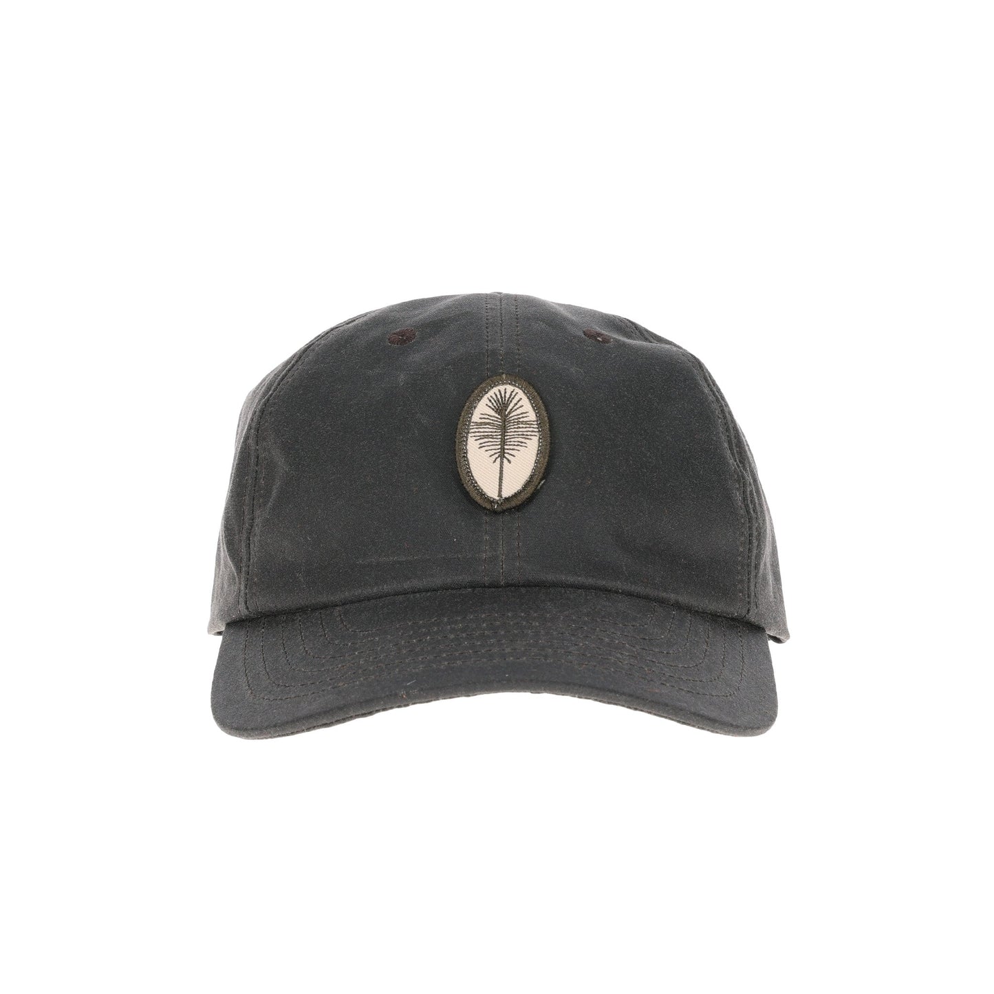 Tom Beckbe Waxed Cotton 6-Panel Baseball Hat features a beige patch with a tree emblem on black premium cotton.