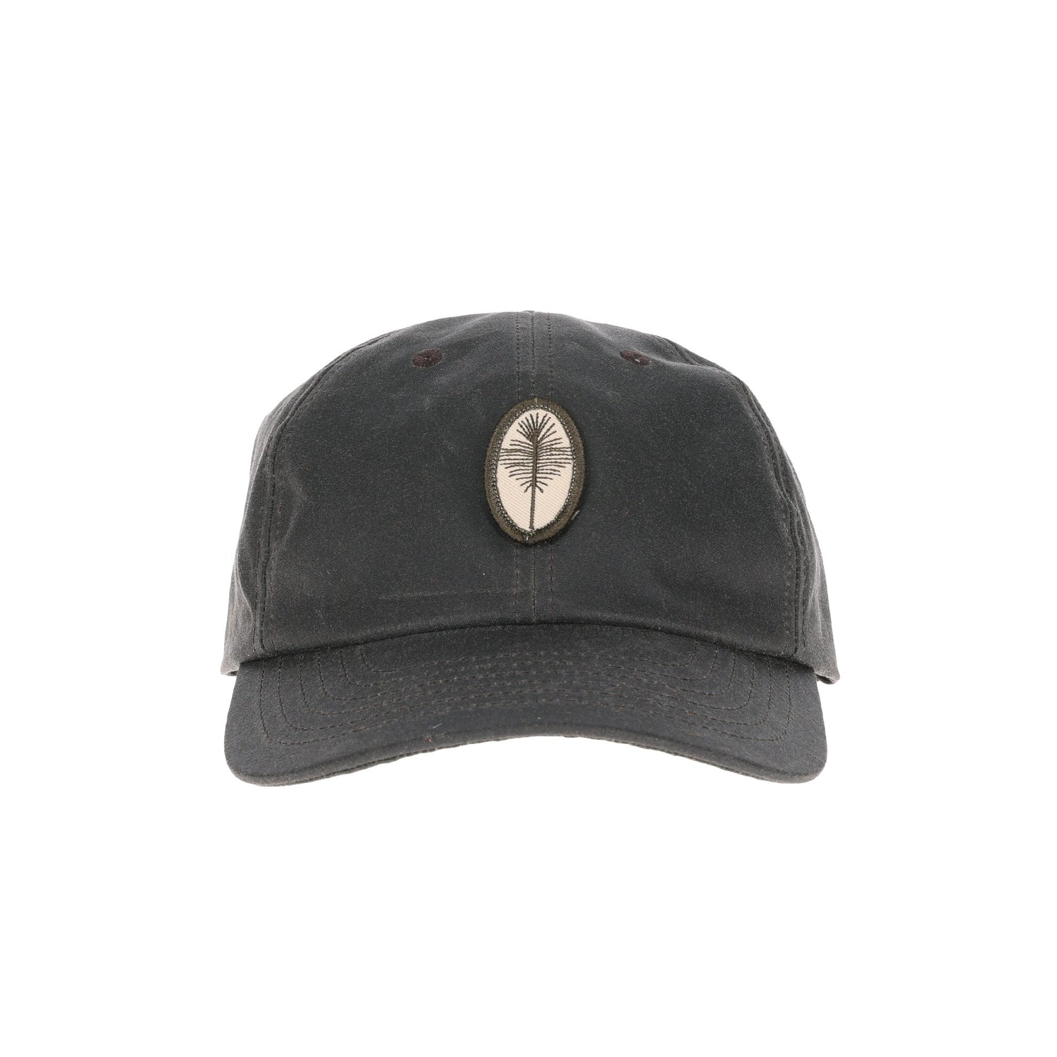 Tom Beckbe Waxed Cotton 6-Panel Baseball Hat features a beige patch with a tree emblem on black premium cotton.
