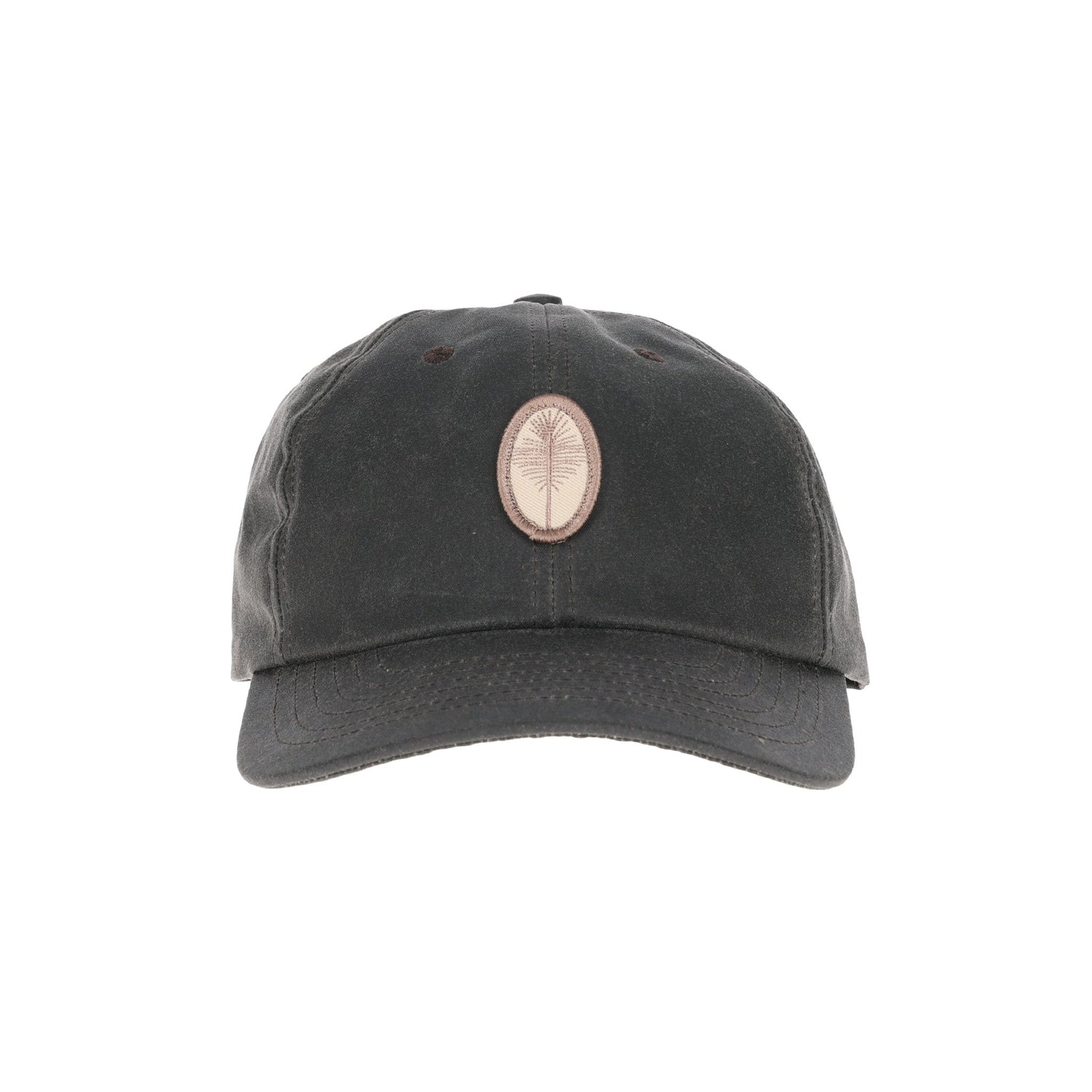 Tom Beckbes Waxed Cotton 6-Panel Baseball Hat in dark green features a beige patch with a tree design and leather strap.
