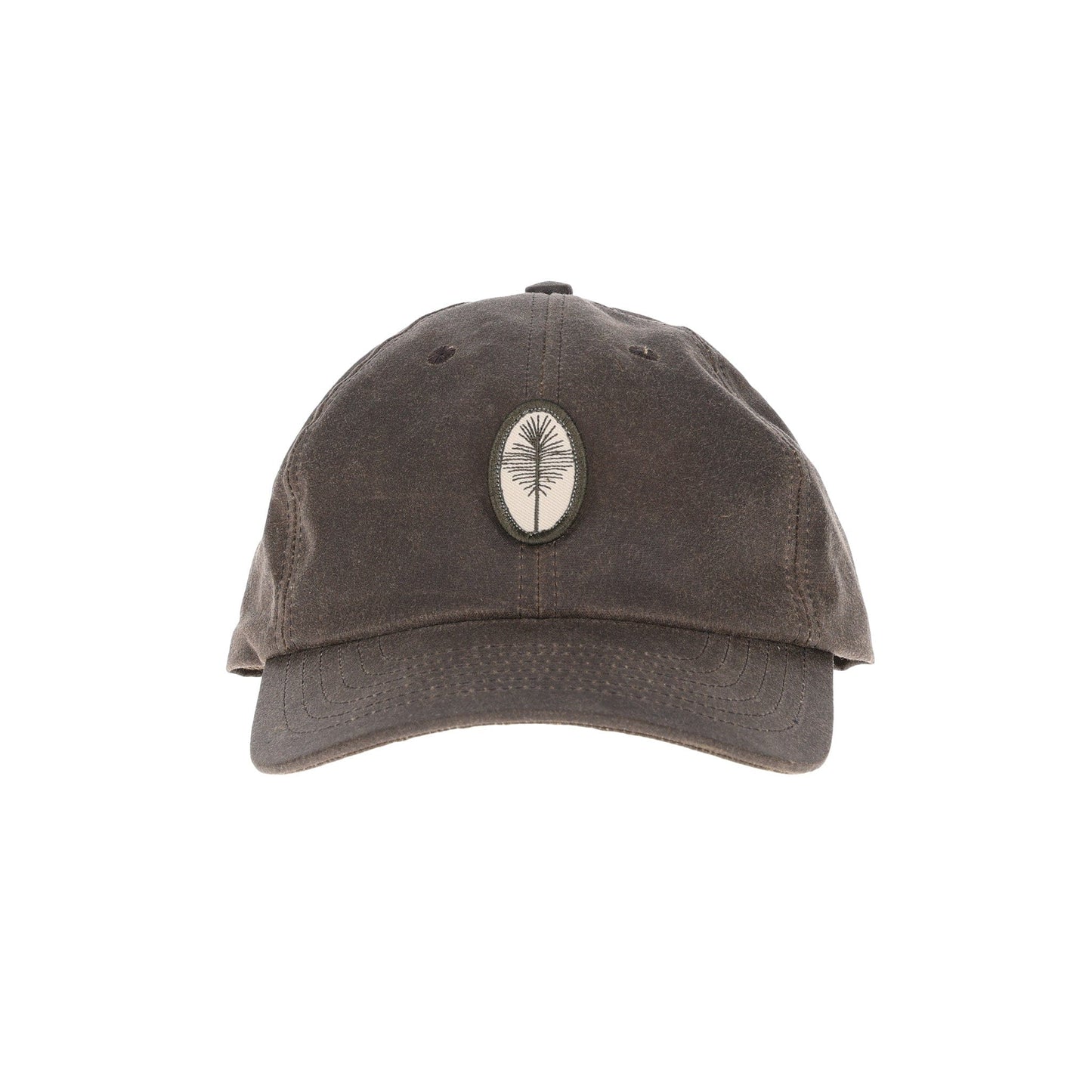 A dark brown Waxed Cotton 6-Panel Baseball Hat by Tom Beckbe with a palm tree emblem.