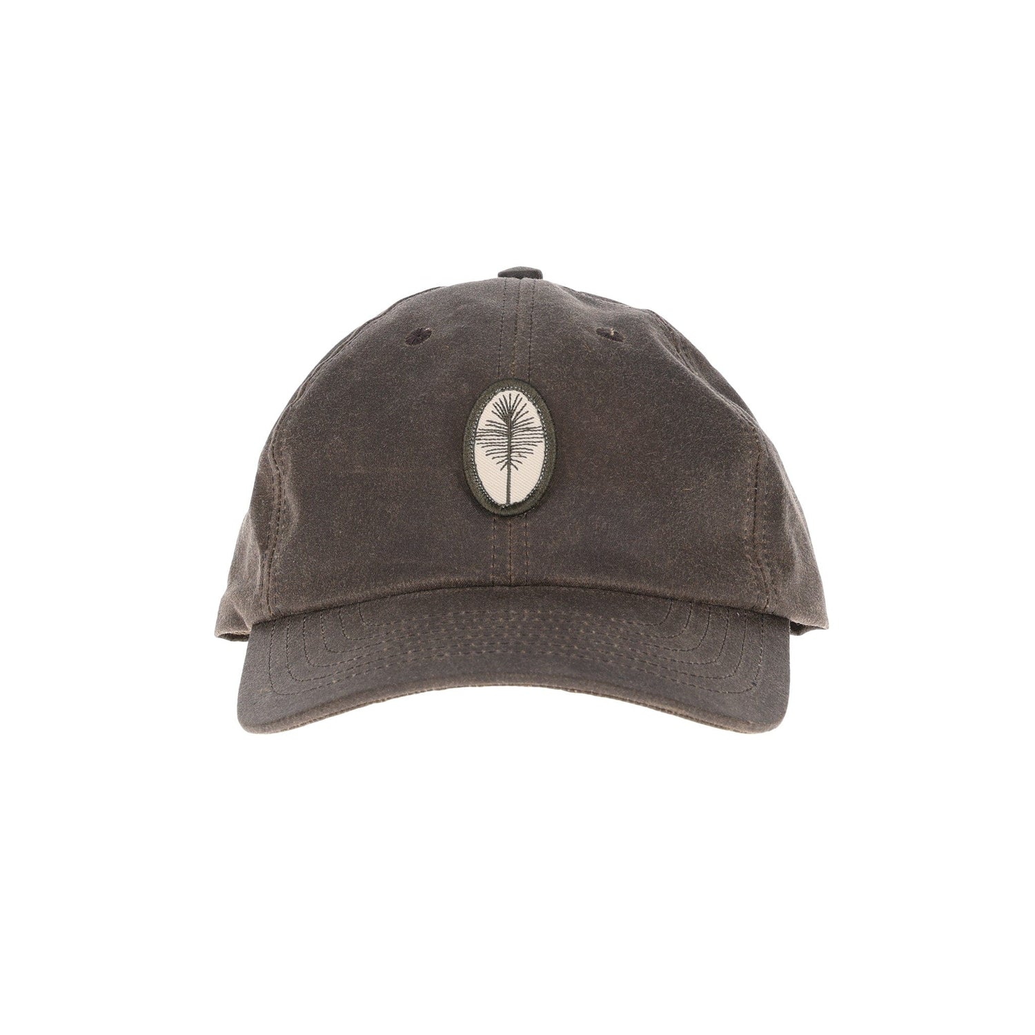 A dark brown Waxed Cotton 6-Panel Baseball Hat by Tom Beckbe with a palm tree emblem.