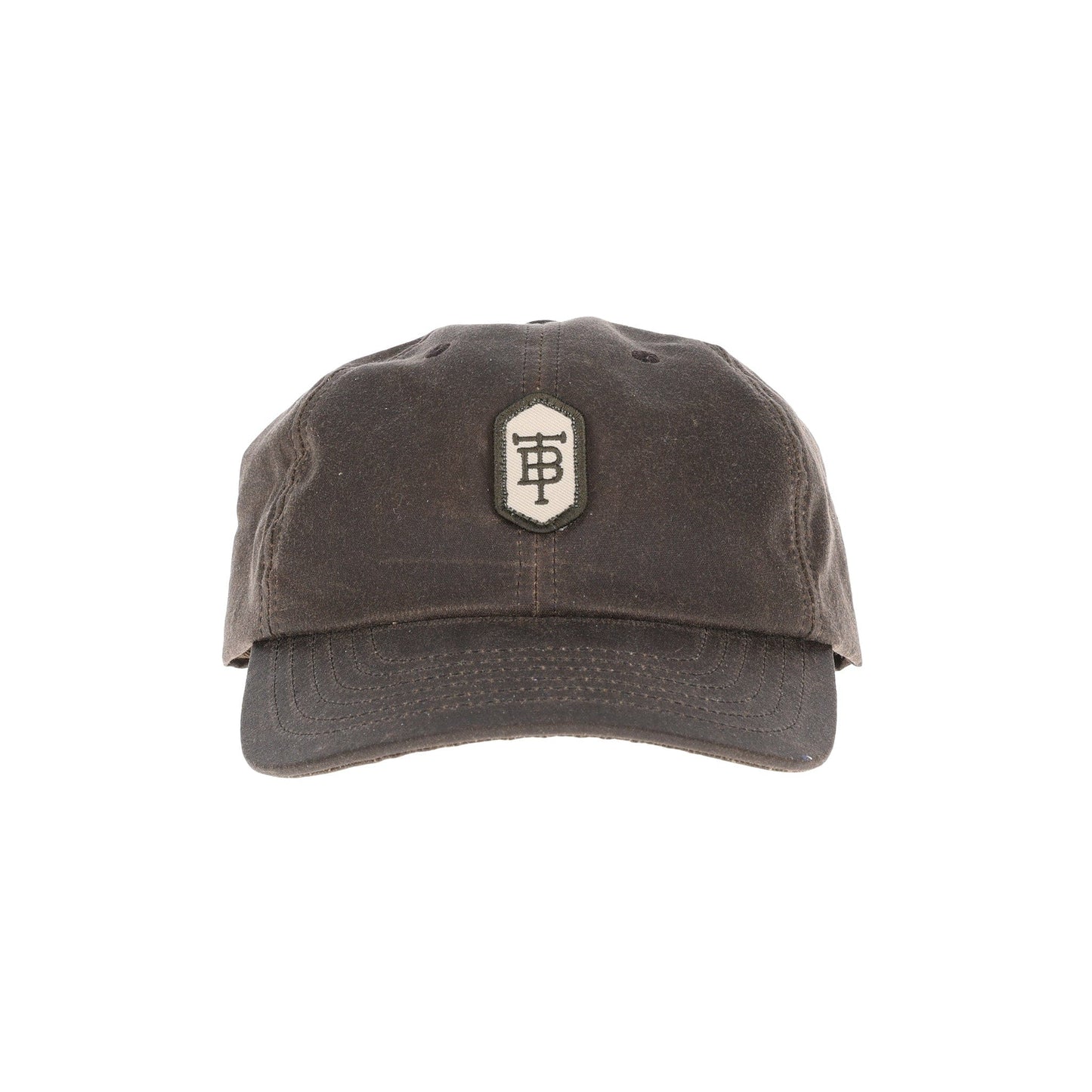 Tom Beckbes Waxed Cotton 6-Panel Hat in brown has a hexagonal patch, stylized H, and full-grain leather back strap.