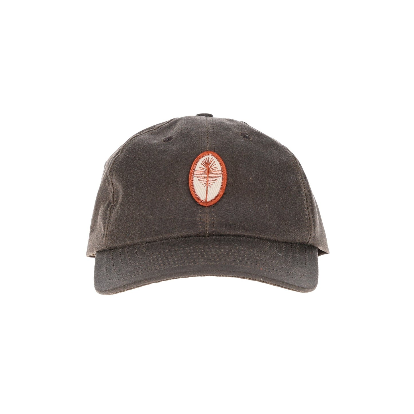 A dark gray Tom Beckbe Waxed Cotton 6-Panel Baseball Hat with a red and white oval tree logo on the front.