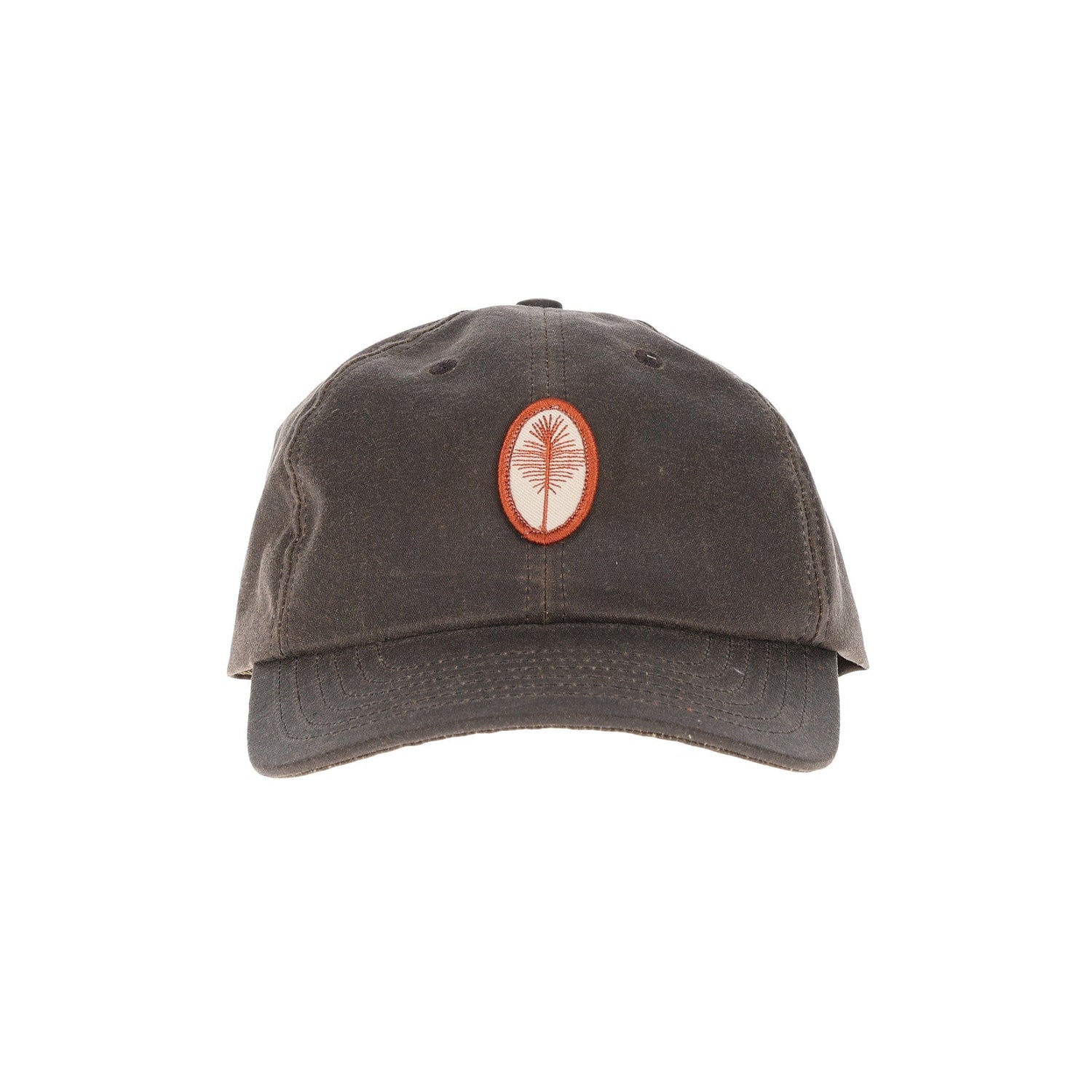 A dark gray Tom Beckbe Waxed Cotton 6-Panel Baseball Hat with a red and white oval tree logo on the front.