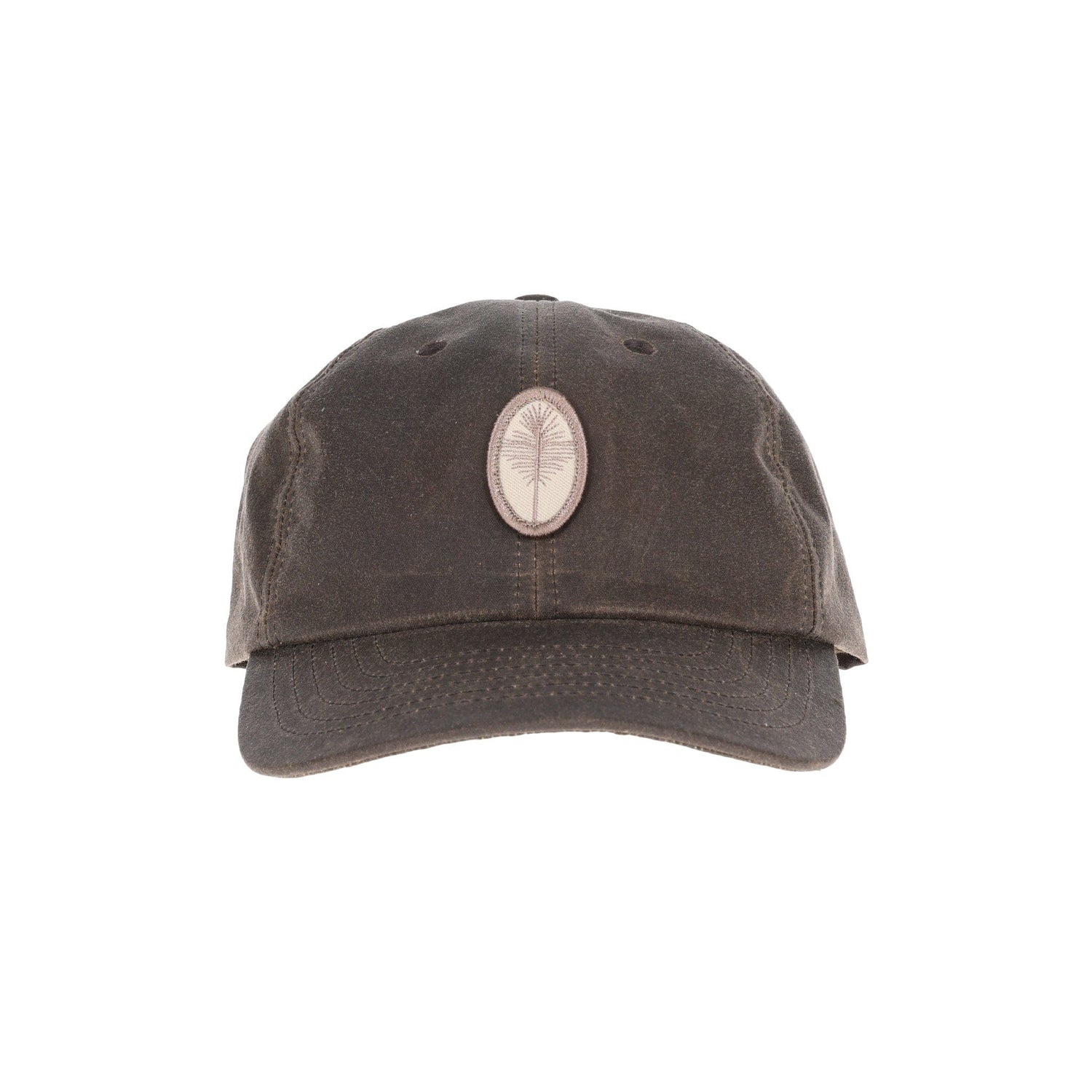 Tom Beckbes Waxed Cotton 6-Panel Baseball Hat features a palm tree emblem and leather strap, set against a white background.