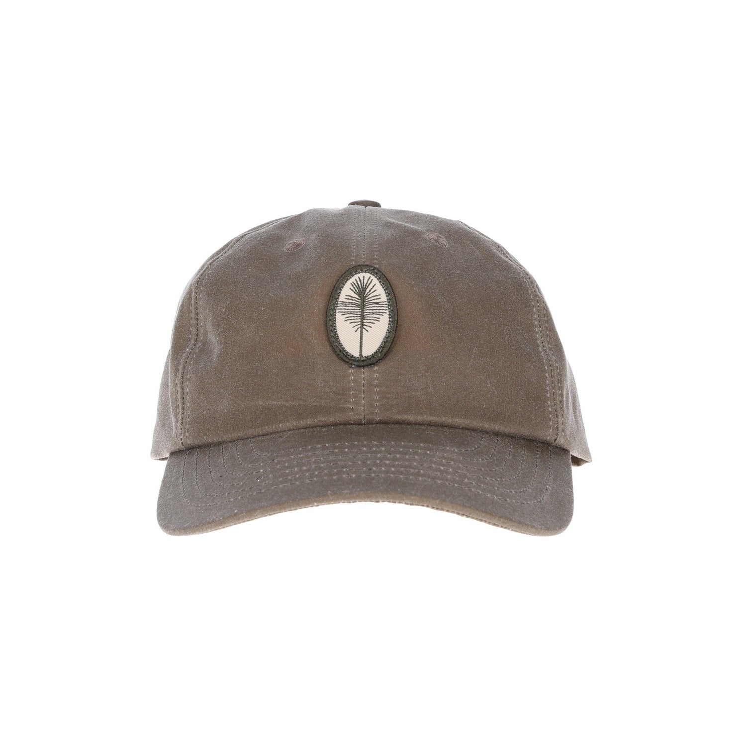 Tom Beckbe Waxed Cotton 6-Panel Hat: brown with a palm tree emblem, curved brim, and visible stitching.