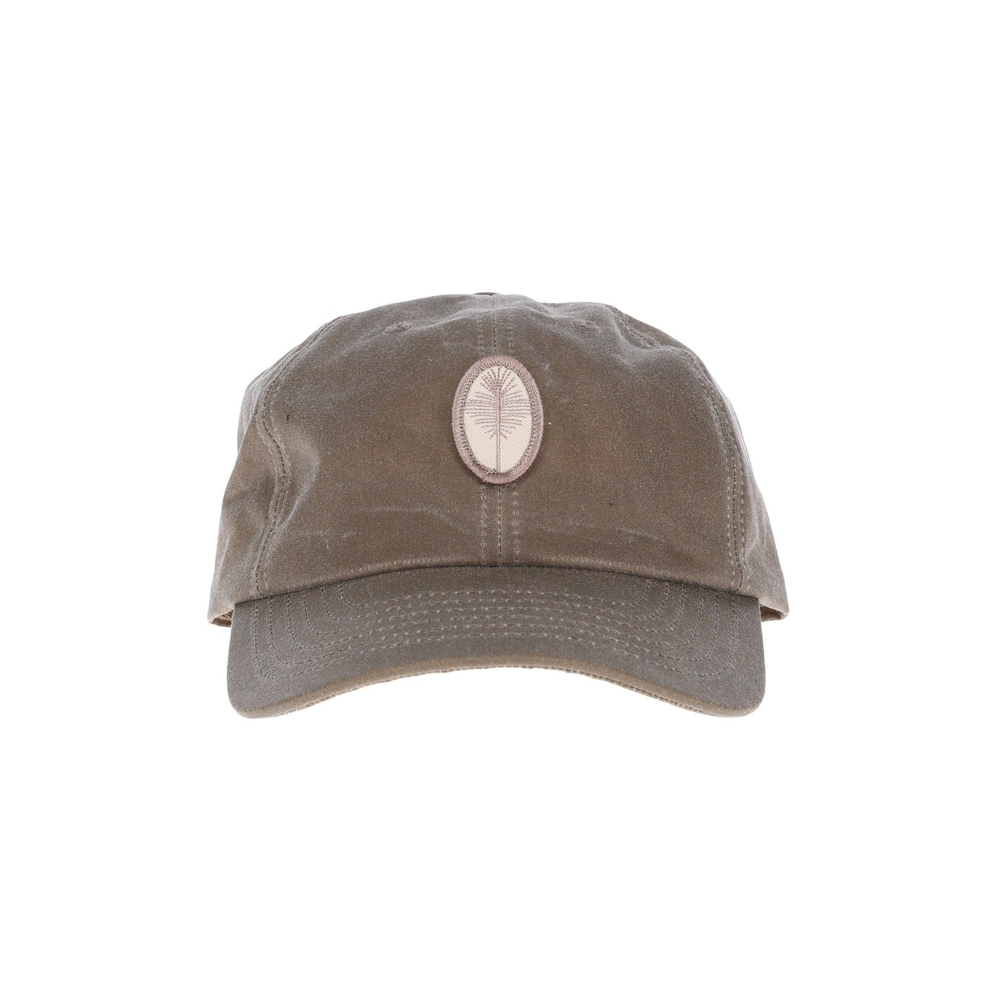 The Tom Beckbe Waxed Cotton 6-Panel Baseball Hat sports a palm tree logo and a full-grain leather strap.