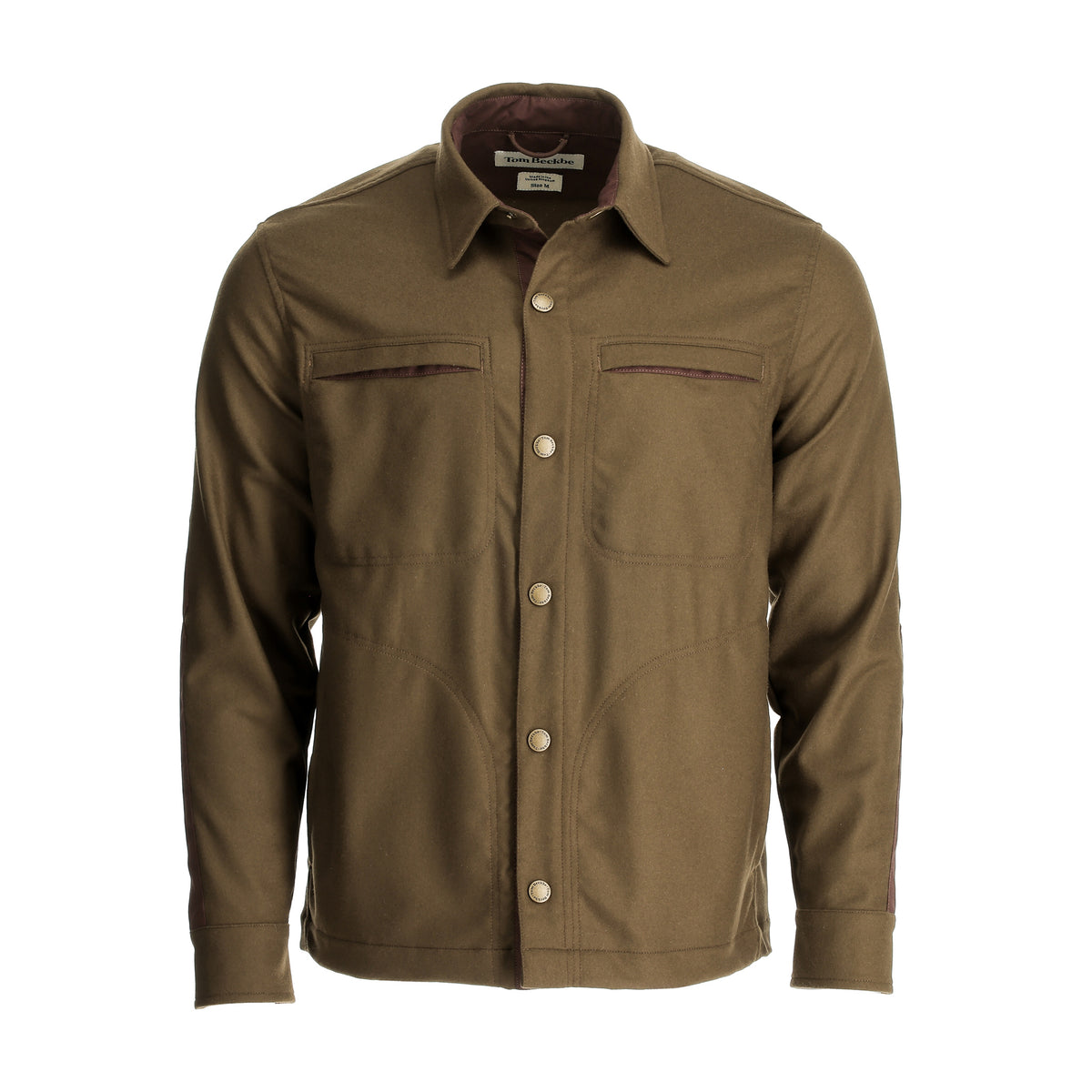 Tom Beckbe Westport Wool Overshirt in Brush Olive with two chest pockets and collar, premium wool blend.