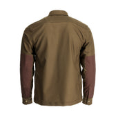 Back of Tom Beckbe’s Westport Wool Overshirt with dark brown elbow patches and buttoned cuffs.
