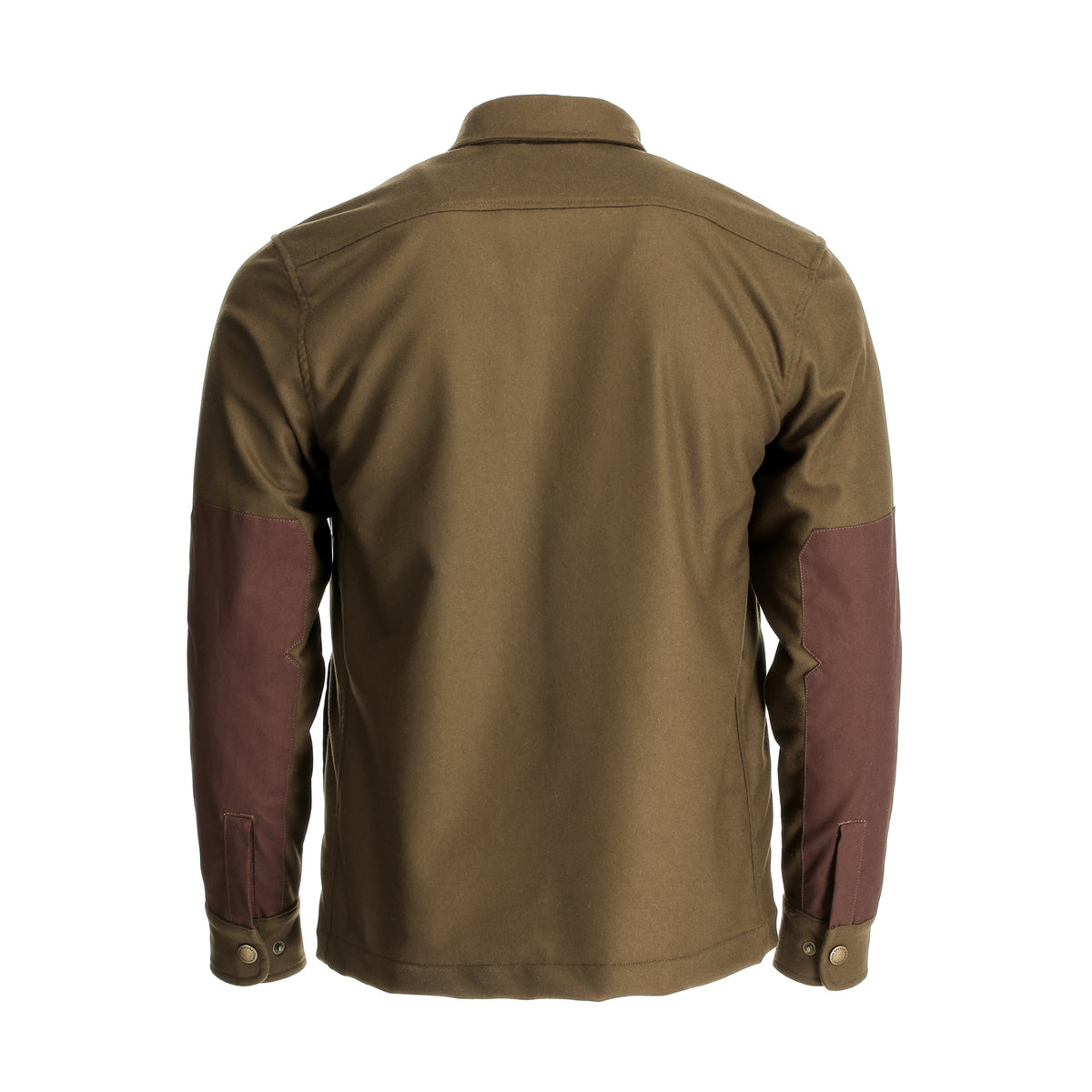 Back of Tom Beckbe’s Westport Wool Overshirt with dark brown elbow patches and buttoned cuffs.