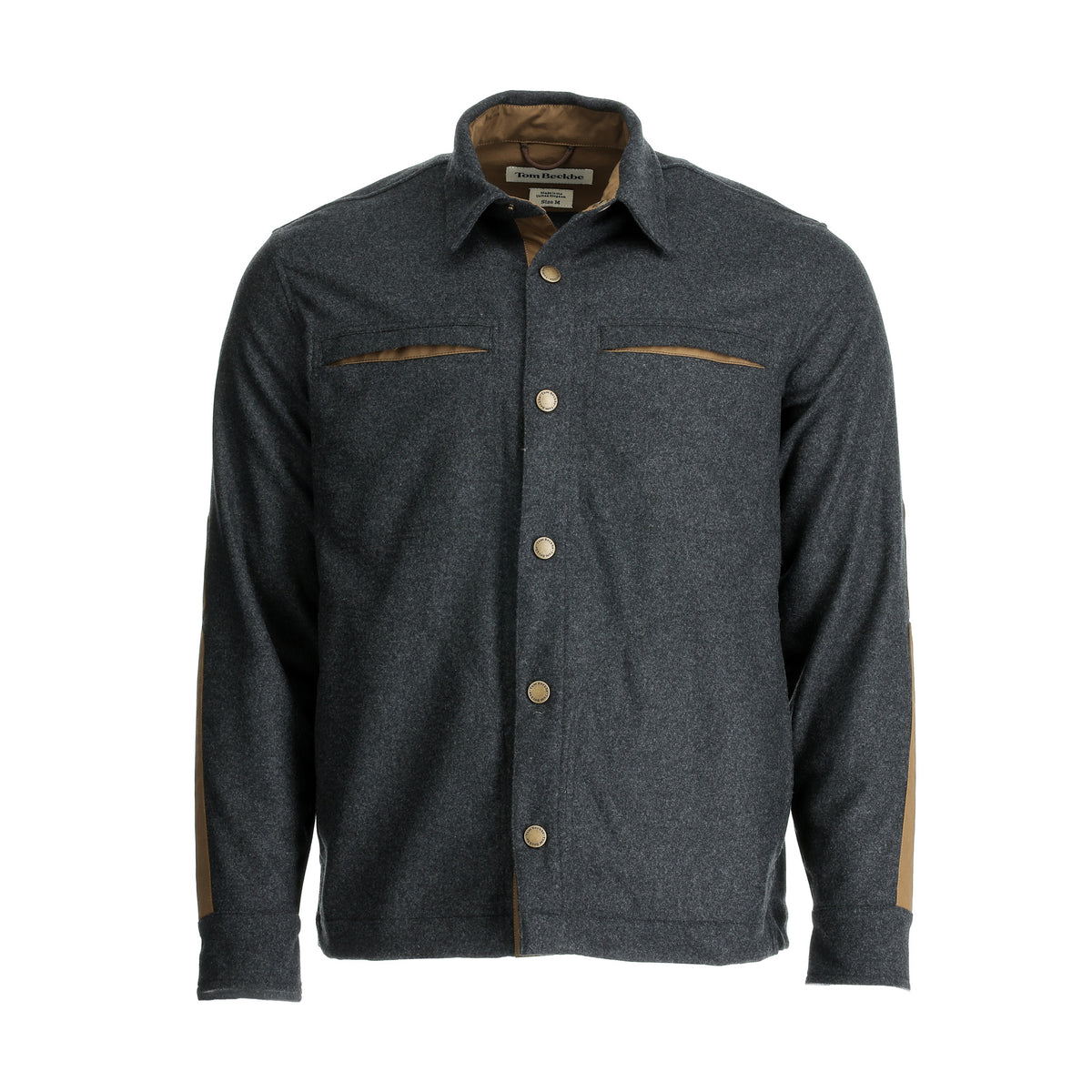 Tom Beckbe Westport Wool Overshirt in charcoal, premium wool blend with brown accents, shown on white background.