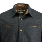 Close-up of Tom Beckbe’s Westport Wool Overshirt with brown accents, two chest pockets, and label on the collar.
