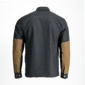 Back of Tom Beckbe Westport Wool Overshirt with suede elbow patches, buttoned cuffs, shown on white.