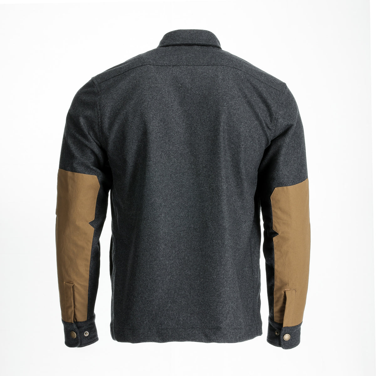 Back of Tom Beckbe Westport Wool Overshirt with suede elbow patches, buttoned cuffs, shown on white.