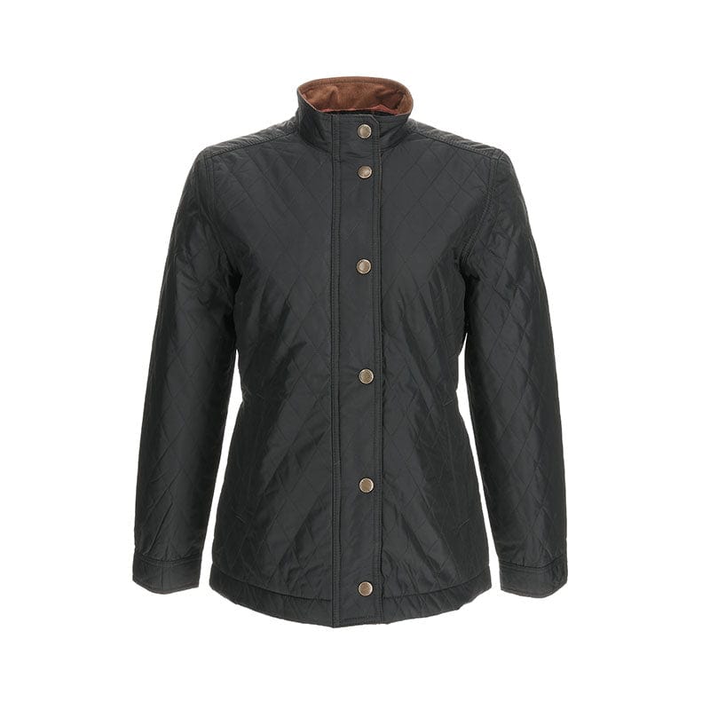 The Womens Camden Quilted Jacket by Tom Beckbe has premium insulation, a high collar, brown lining, and button-up front.