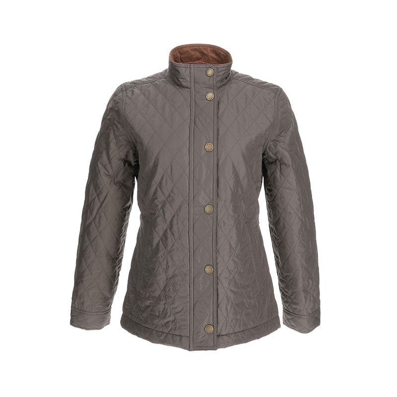 Tom Beckbe Womens Camden Quilted Jacket: windproof with stand collar & button closure on a plain background.